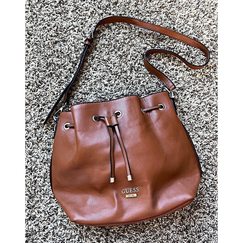 GUESS Brown Pebbled Faux Leather Bucket Bag Drawstring Crossbody Strap